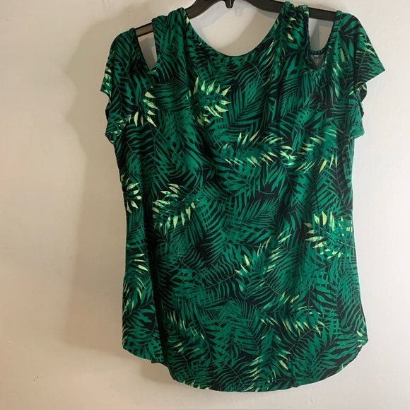 Cathy Palm Tunic Top Womens 2XL Green Flowy Stretch Short Sleeve Cut Outs - Picture 9 of 9